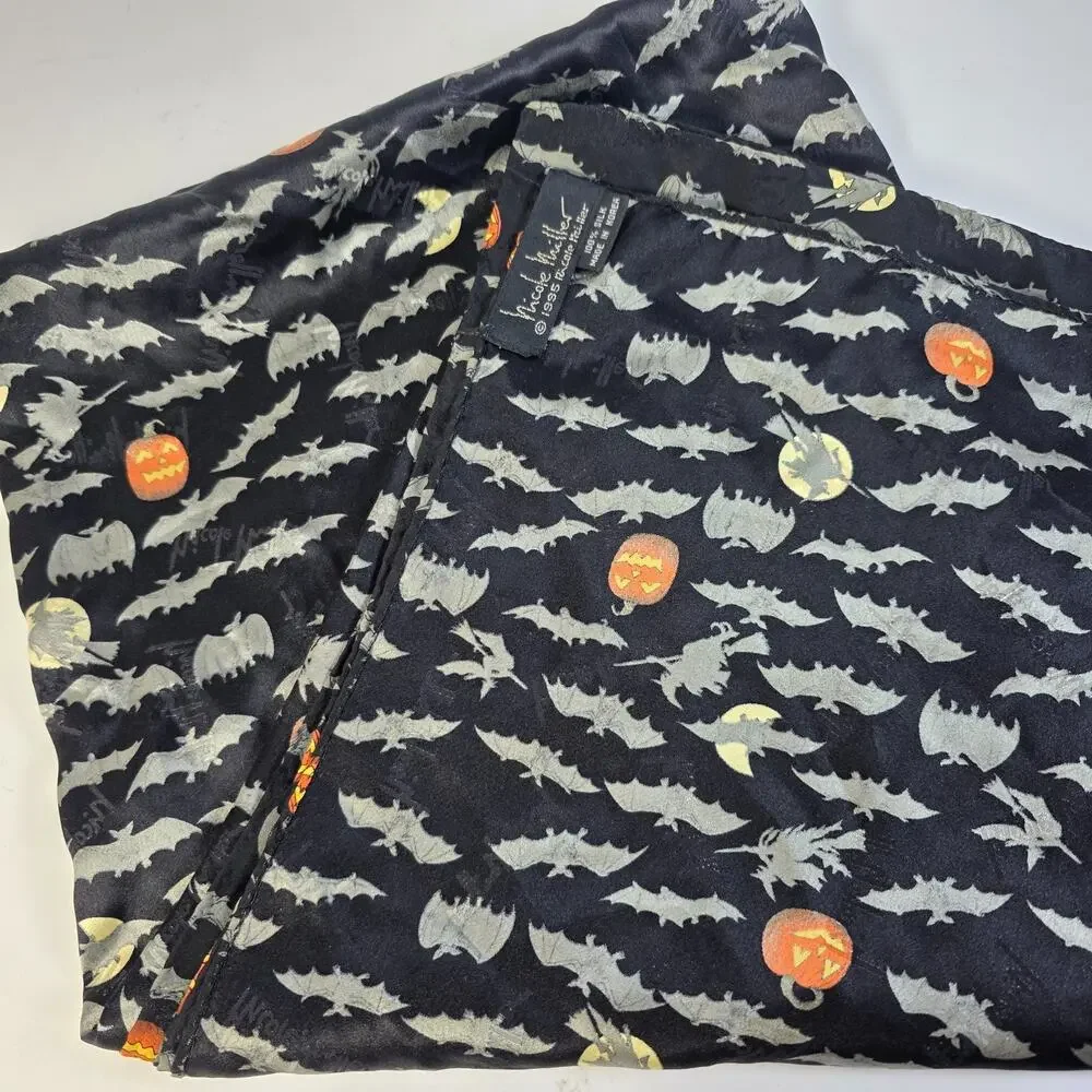 Vintage 1995 Nicole Miller Halloween Silk Scarf Bats Pumpkins Novelty 90s 42x42